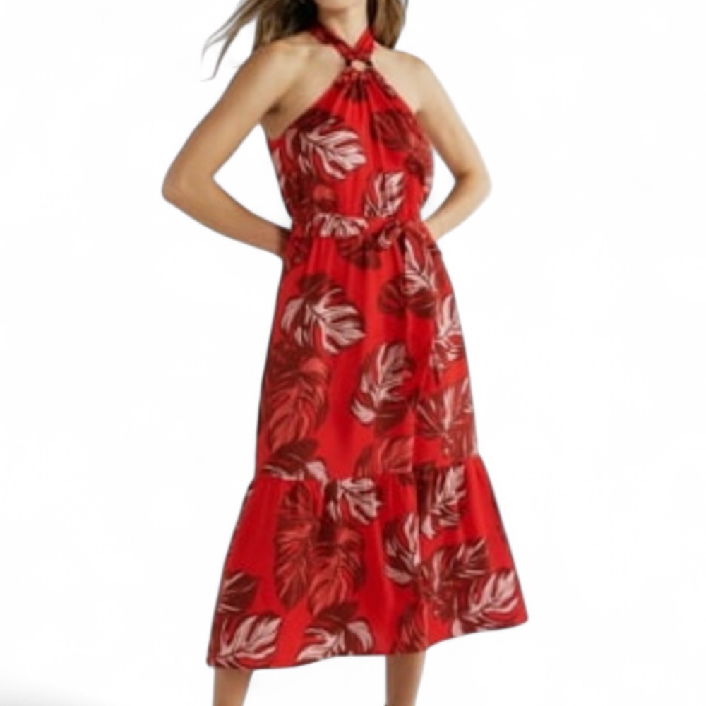 Sofia by Sofia Vergara Red Leaf Print Midi Dress